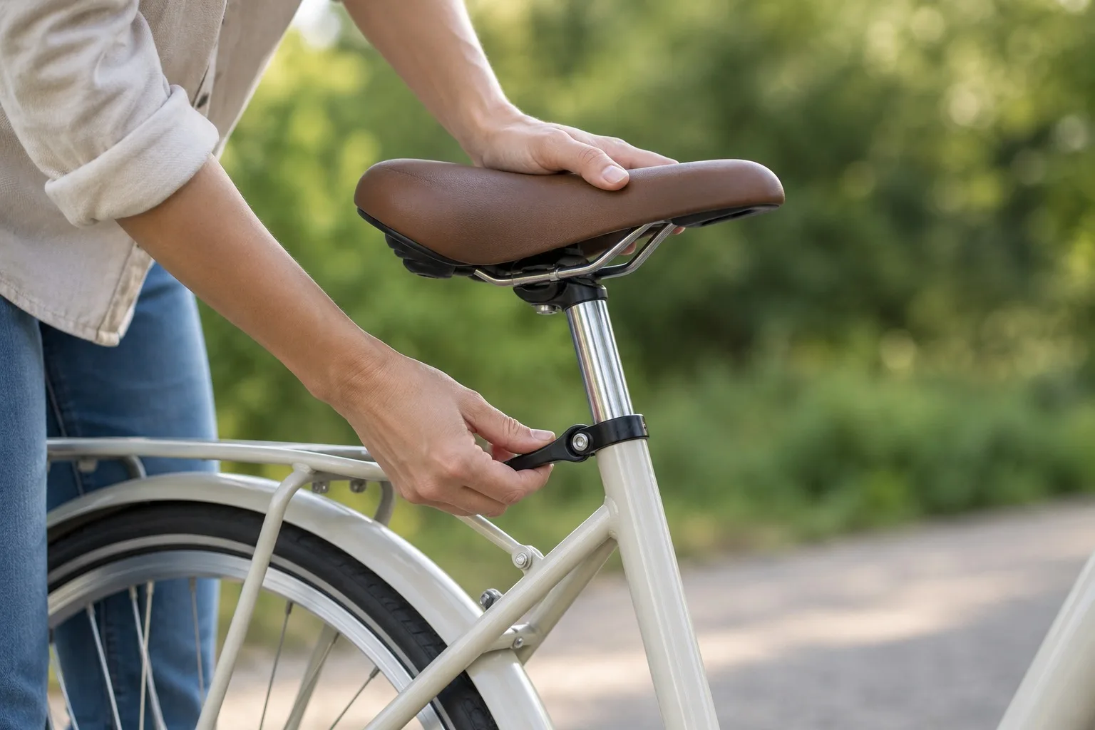 Anonyme Hand stellt einen Fahrradsattel ein